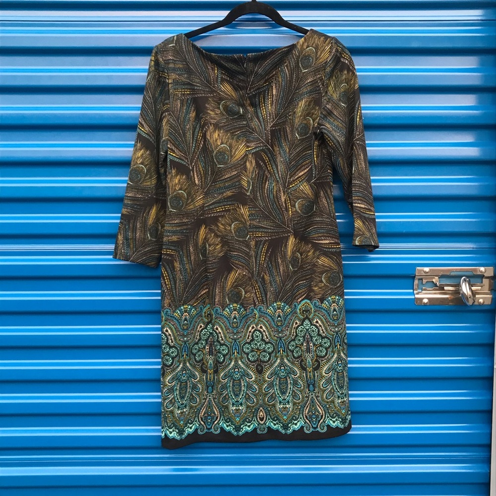 London Style Brown and Teal Long Sleeve Dress